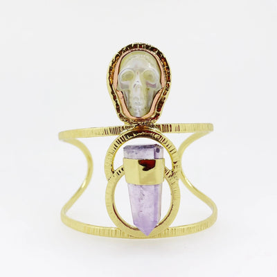 Happy Skull Cuff with Brazilian Amethyst and Sculpted Mother of Pearl