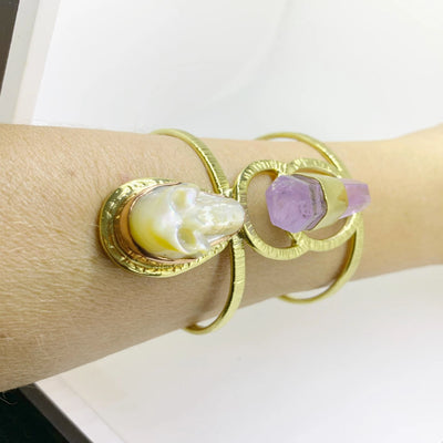 Happy Skull Cuff with Brazilian Amethyst and Sculpted Mother of Pearl