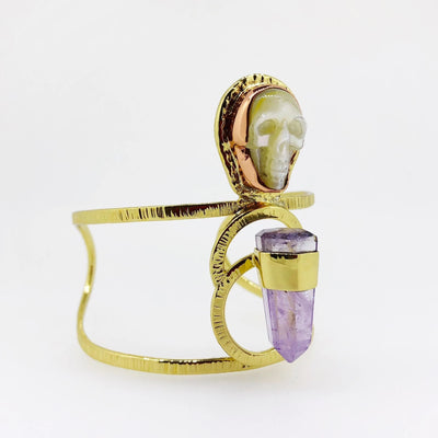 Happy Skull Cuff with Brazilian Amethyst and Sculpted Mother of Pearl