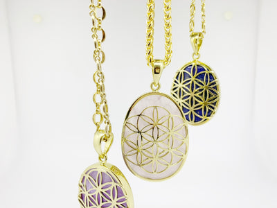 Flower Of Life - Rose Quartz  touch stone anxiety relief pendant