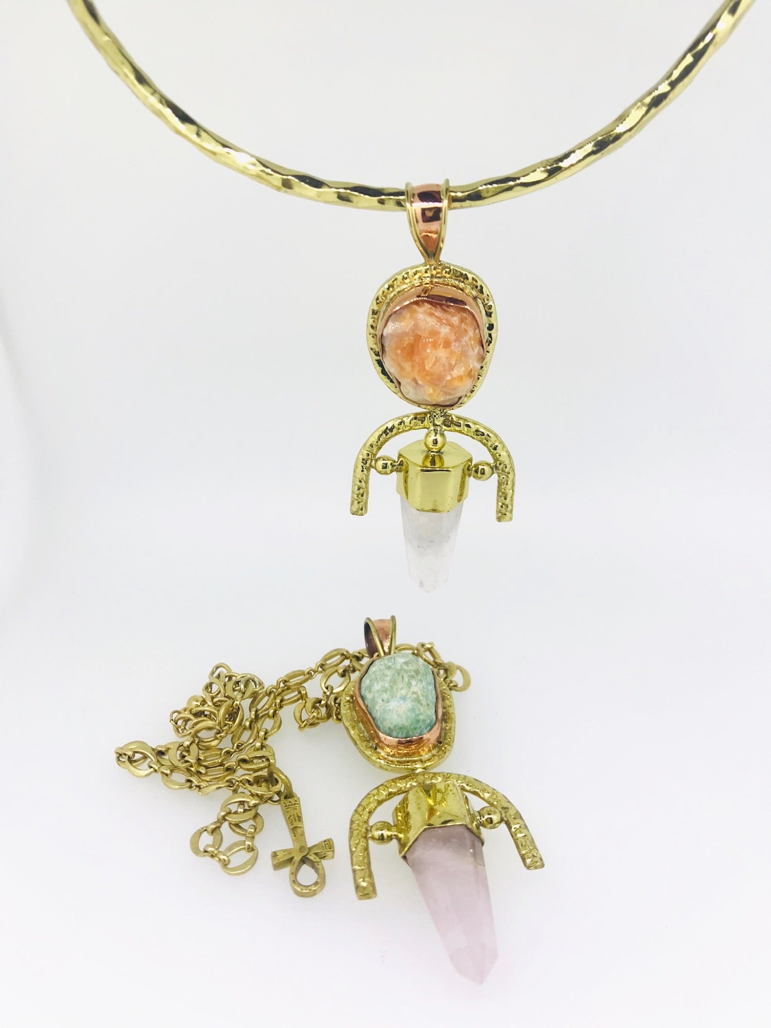 ROSE QUARTZ + Orange Calcite Double Gemstone Pendulum / Amulet ROUGH DOUBLE GEMSTONE PENDULUM PENDANT