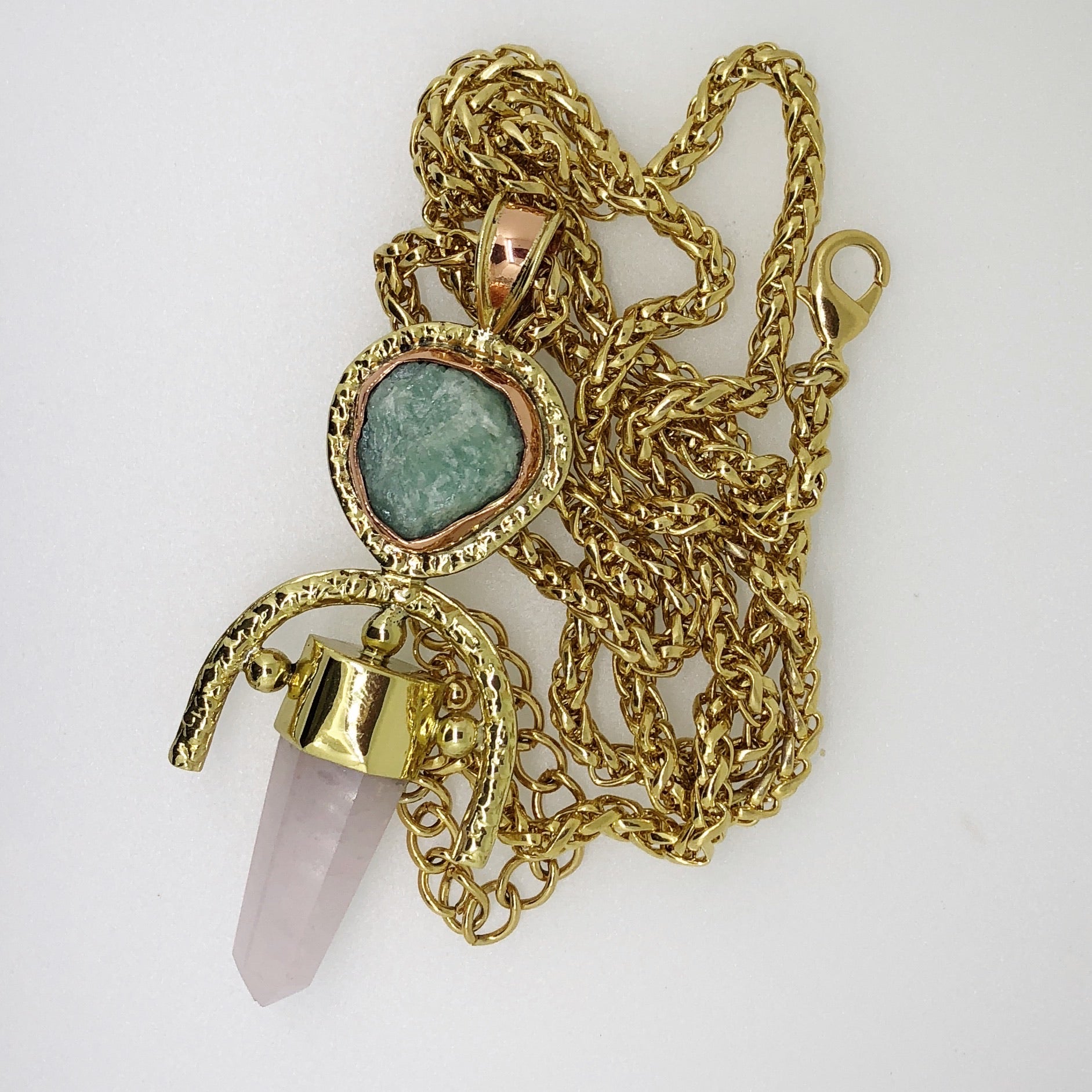 ROSE QUARTZ + Aventurine Double Gemstone Pendulum / Amulet ROUGH DOUBLE GEMSTONE PENDULUM PENDANT