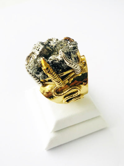 Pyrite Crystal Power Cluster Claw Ring