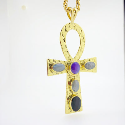 Key of Life Sacred Ankh pendant Labradorite, Amethyst & Onyx