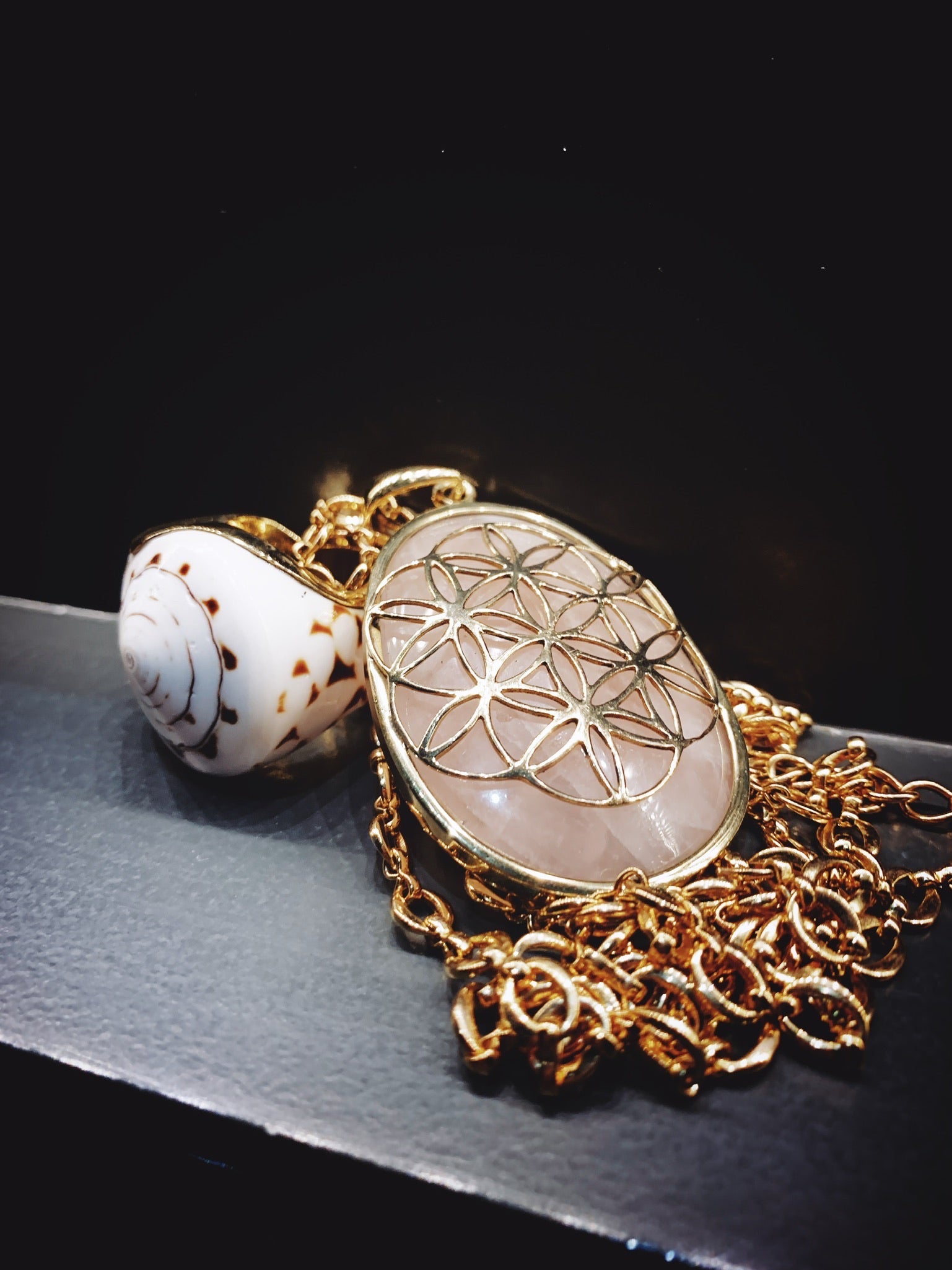 Flower Of Life - Rose Quartz  touch stone anxiety relief pendant