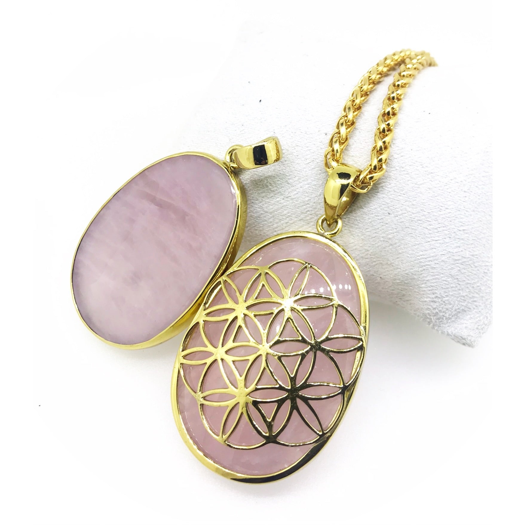 Flower Of Life - Rose Quartz  touch stone anxiety relief pendant