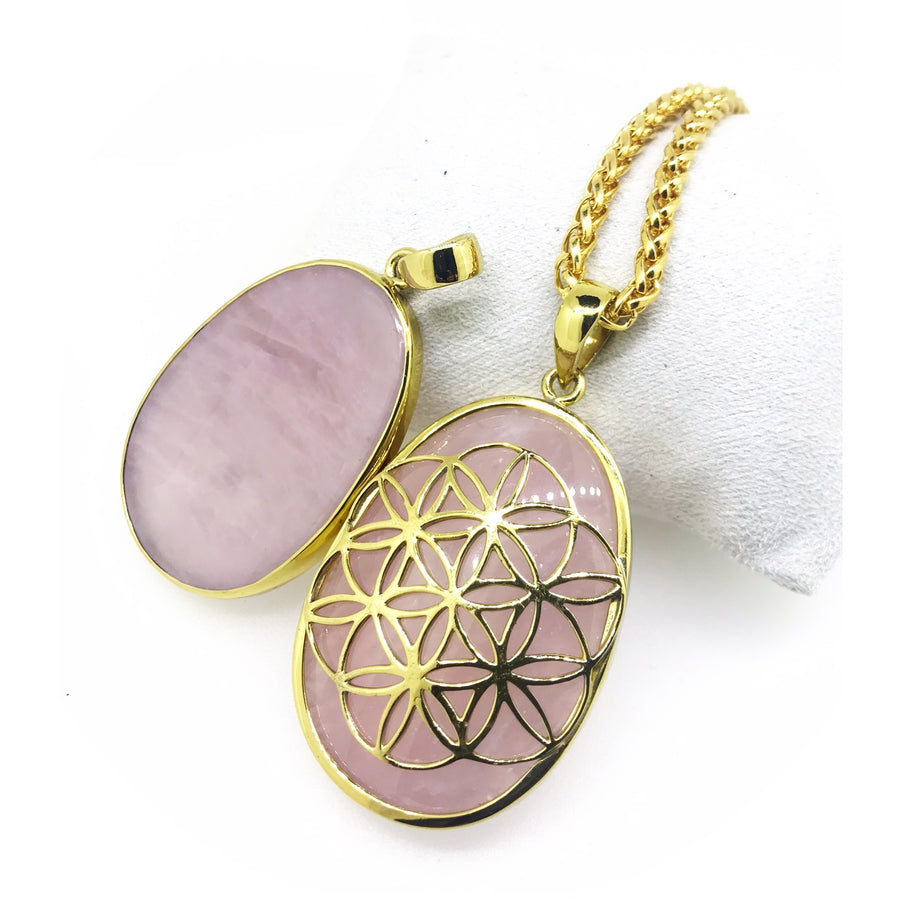 Flower Of Life - Rose Quartz  touch stone anxiety relief pendant