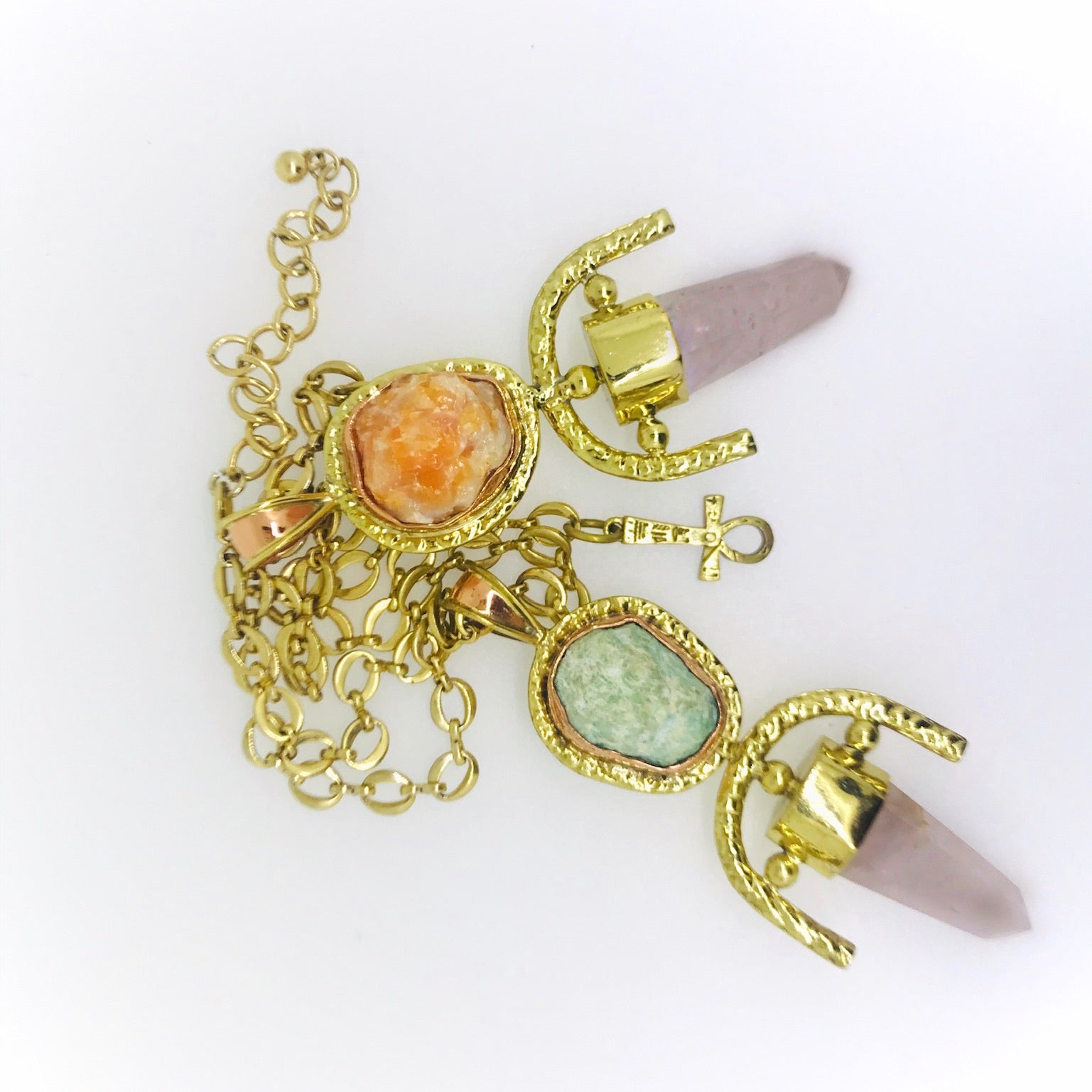 ROSE QUARTZ + Orange Calcite Double Gemstone Pendulum / Amulet ROUGH DOUBLE GEMSTONE PENDULUM PENDANT