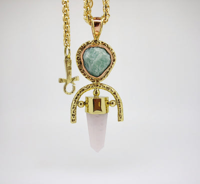 ROSE QUARTZ + Aventurine Double Gemstone Pendulum / Amulet ROUGH DOUBLE GEMSTONE PENDULUM PENDANT